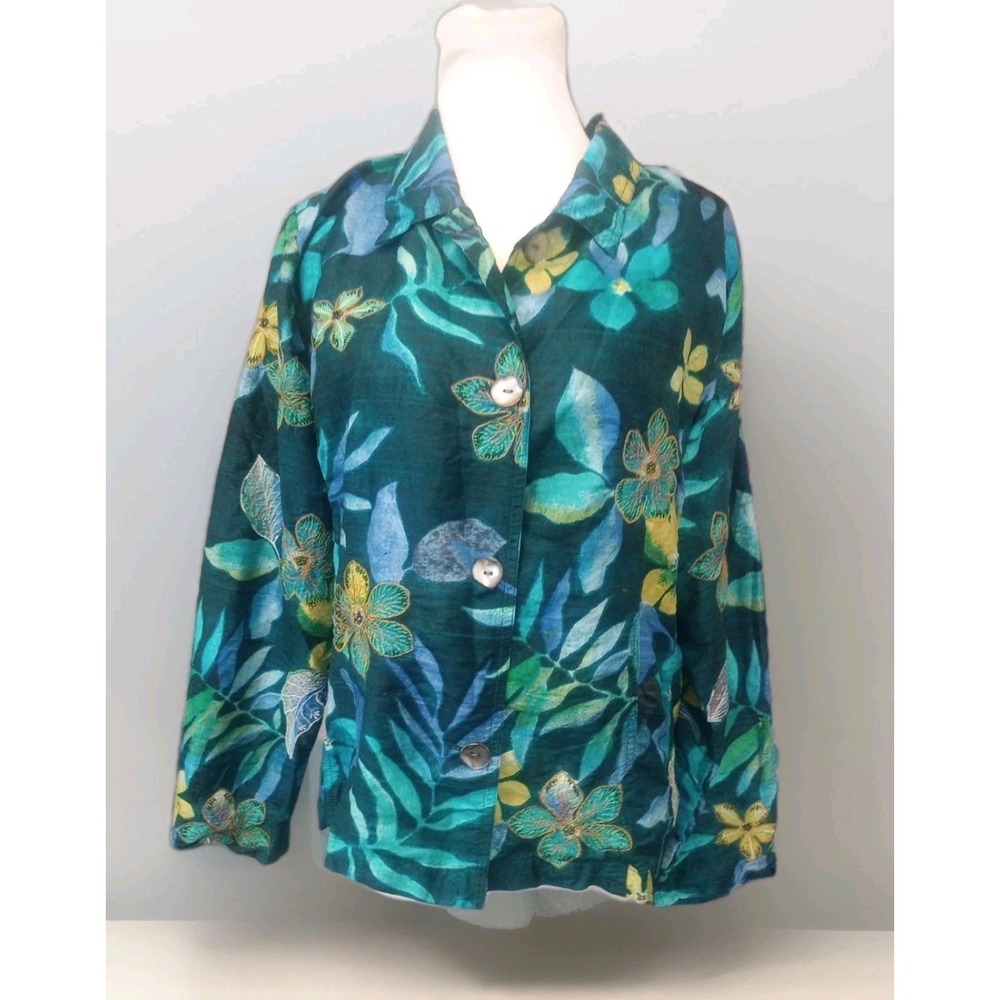 chicos tops size 2 L Jacket Dress Button Shirt 100% Silk Floral Embroidery Blue